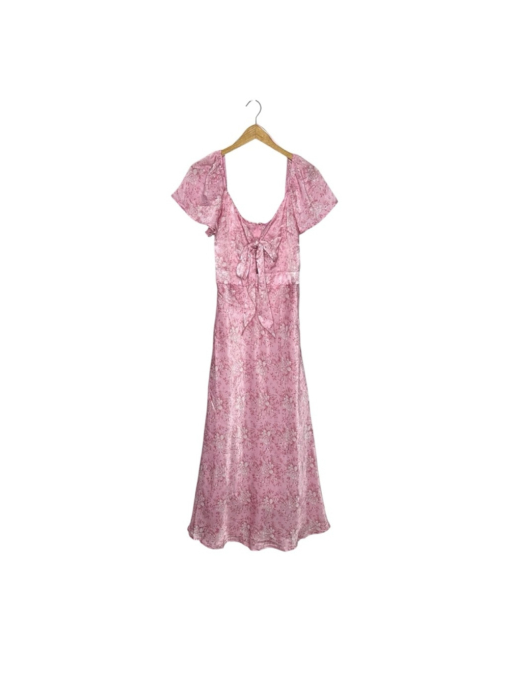 FRANCESCA'S Maria Pink Bow Tie Front Silky Floral Midi Dress Size Large - Picture 4 of 14